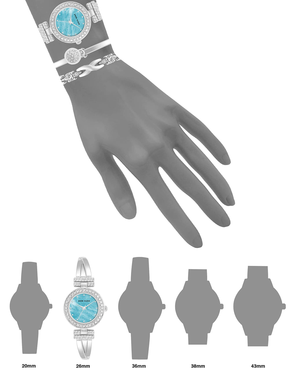 Silver crystal bangle watch with light blue dial on hand, cuff bracelet set