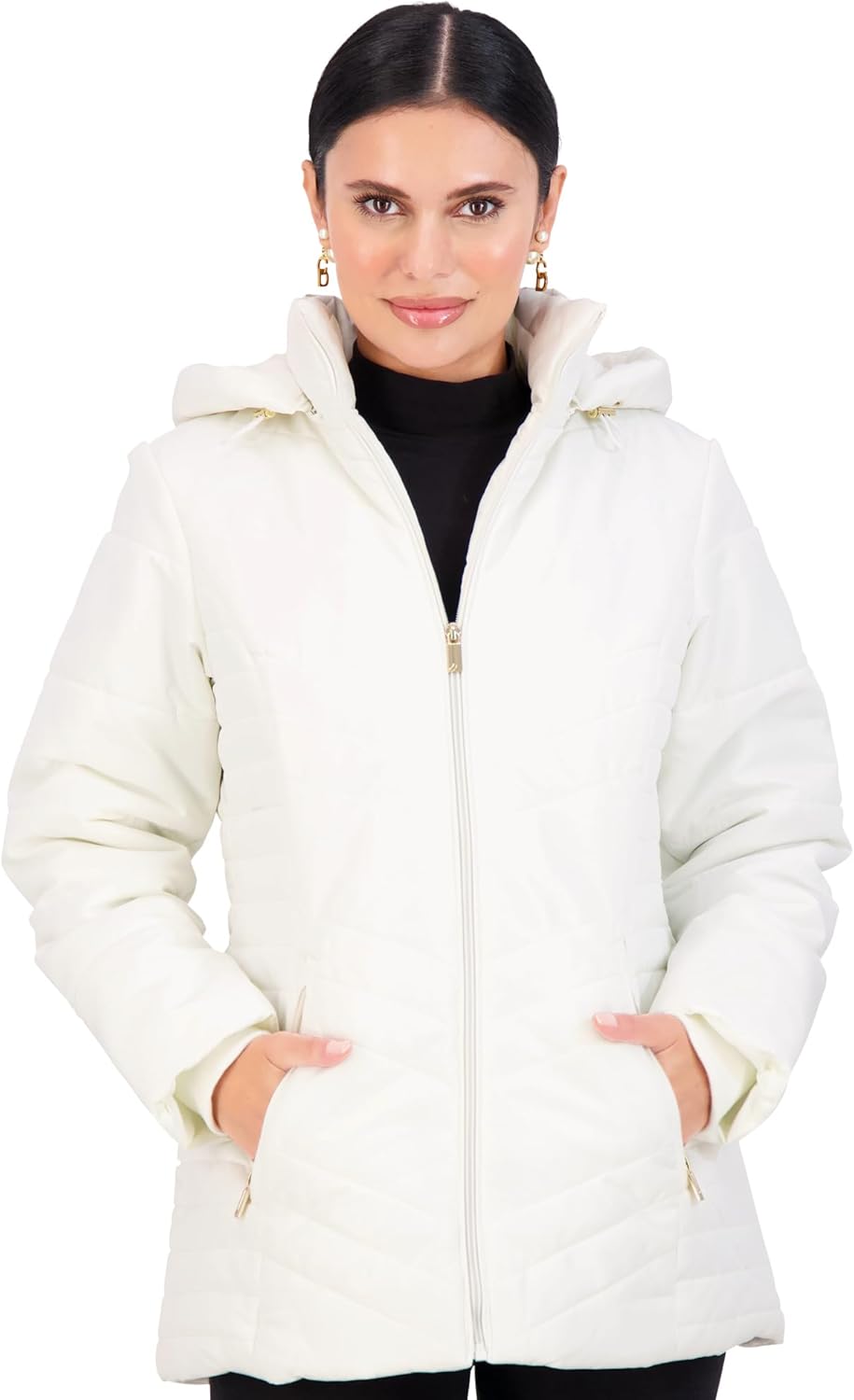White zip-up puffer jacket with adjustable bungee hood, women's winter coat