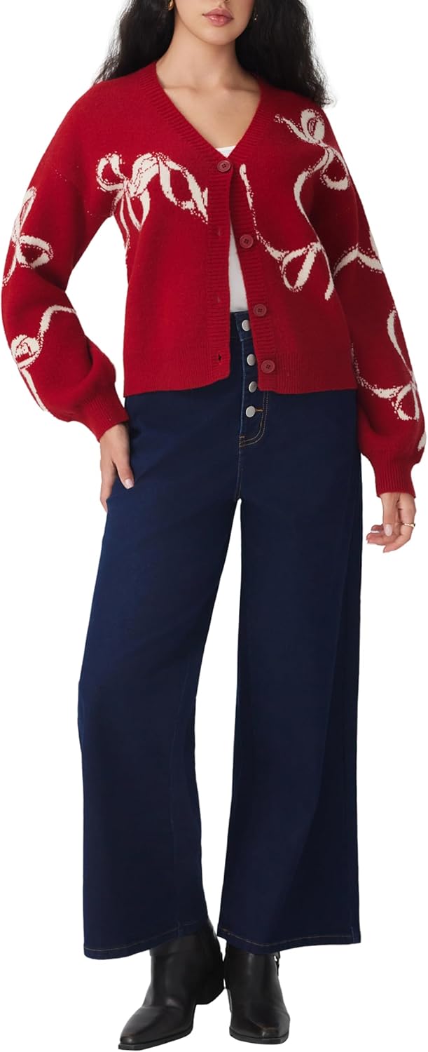 Women’s red bow-pattern cardigan sweater, long sleeves, open V-neck with button front