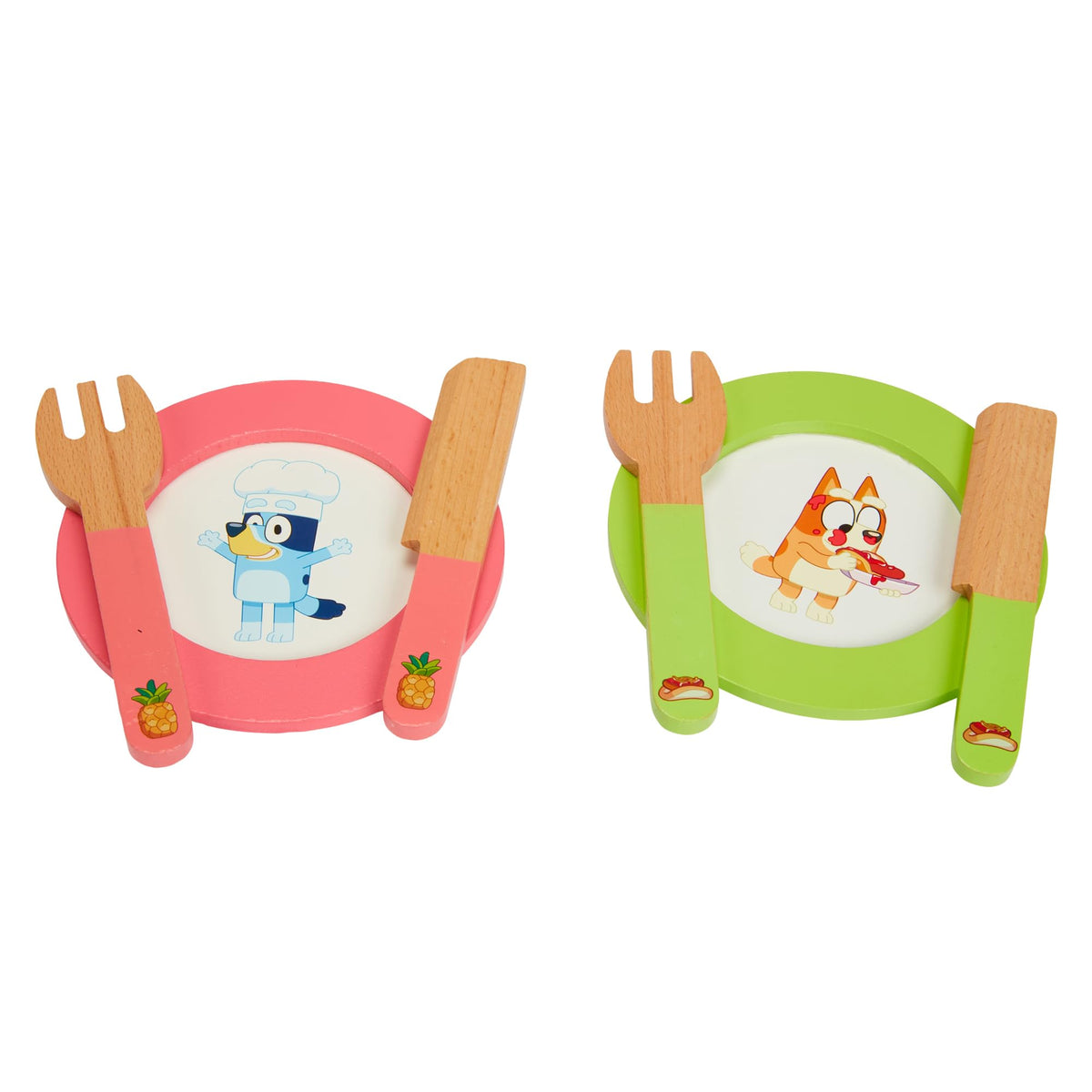 Set of two wooden picnic plates with Bluey characters in pink and green rings