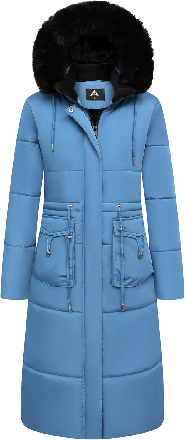 Women's long puffer coat with faux-fur hood, drawstring waist, light blue