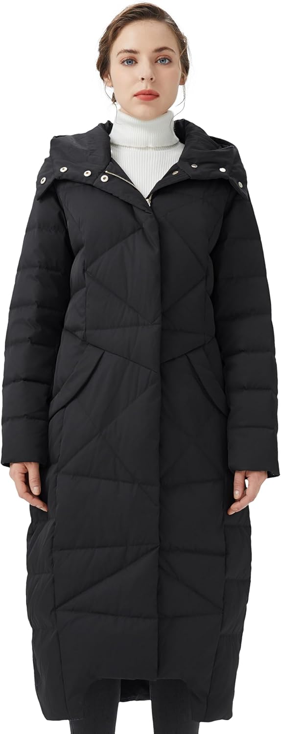 Women’s black hooded long puffer down coat with front zipper, pockets, and stand collar