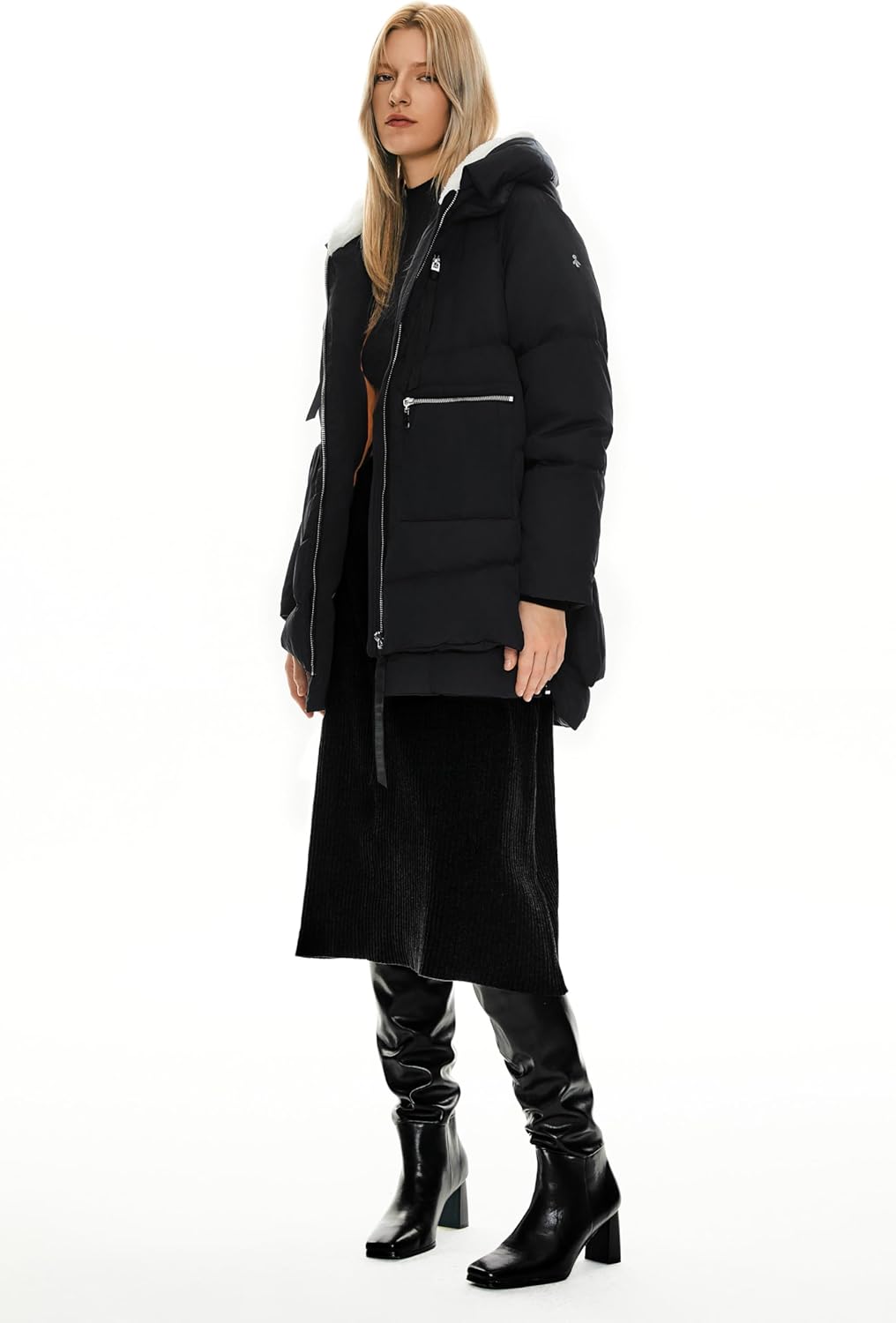 Black hooded puffer down jacket with front zip and long knit skirt-like hem