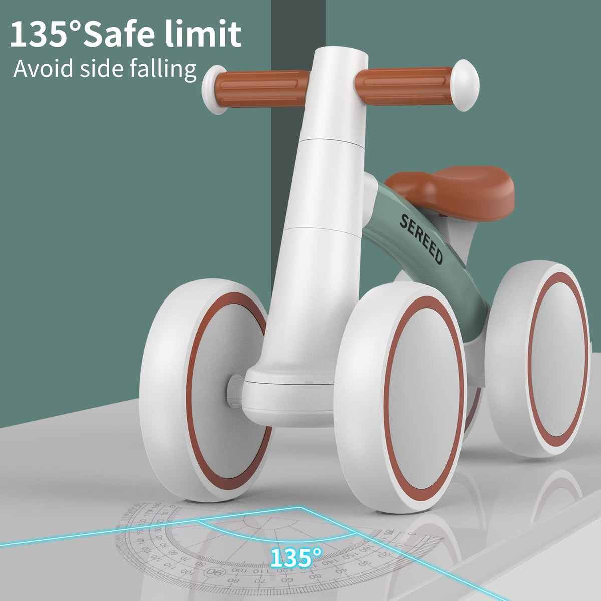 Toddler balance bike with green frame, orange seat, and 4 white wheels with orange rims