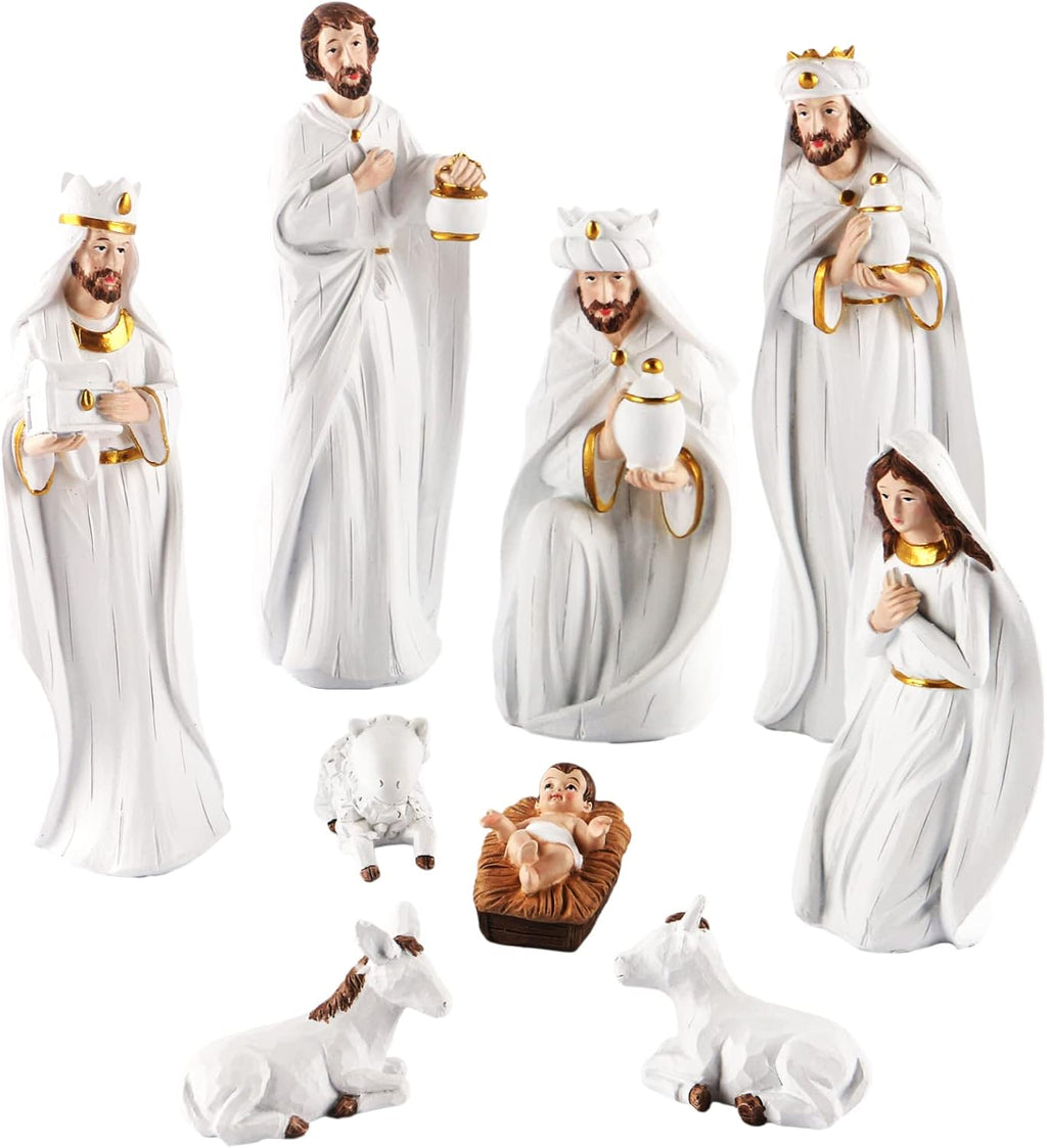 Set of white resin nativity figures: robed kings, shepherd, baby, lambs, and manger