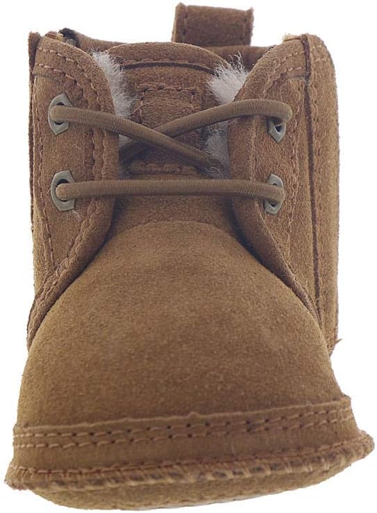 Chestnut suede infant boot back view with lace-up closure and pull tab