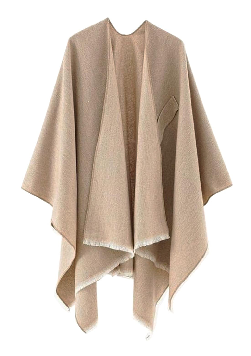 Beige open-front fringe poncho shawl with tied waist knot