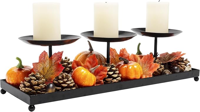 Black metal three-candle holder tray with three pillar candles for a fall centerpiece