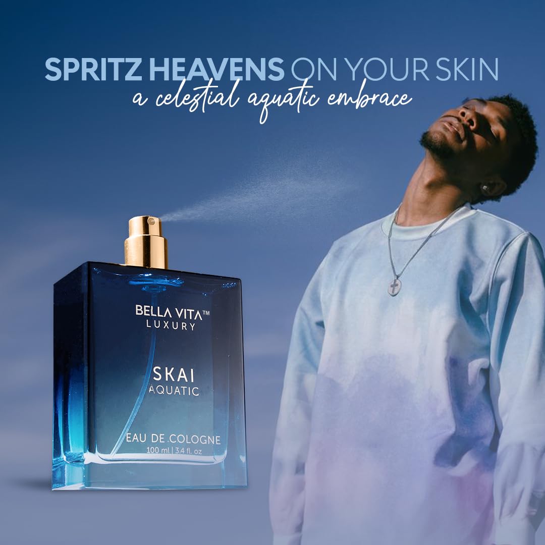 SKAI Aquatic eau de cologne bottle with gold cap, blue glass