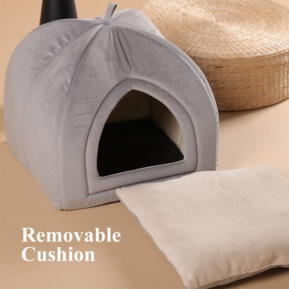 Kasentex soft cat bed cushion in grey with removable cushion insert, arched tunnel front