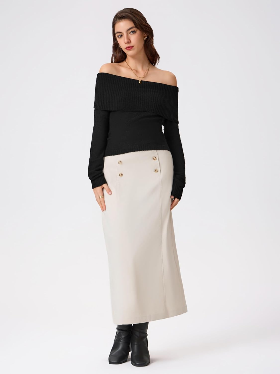 Black off-shoulder knitted long sleeve pullover top