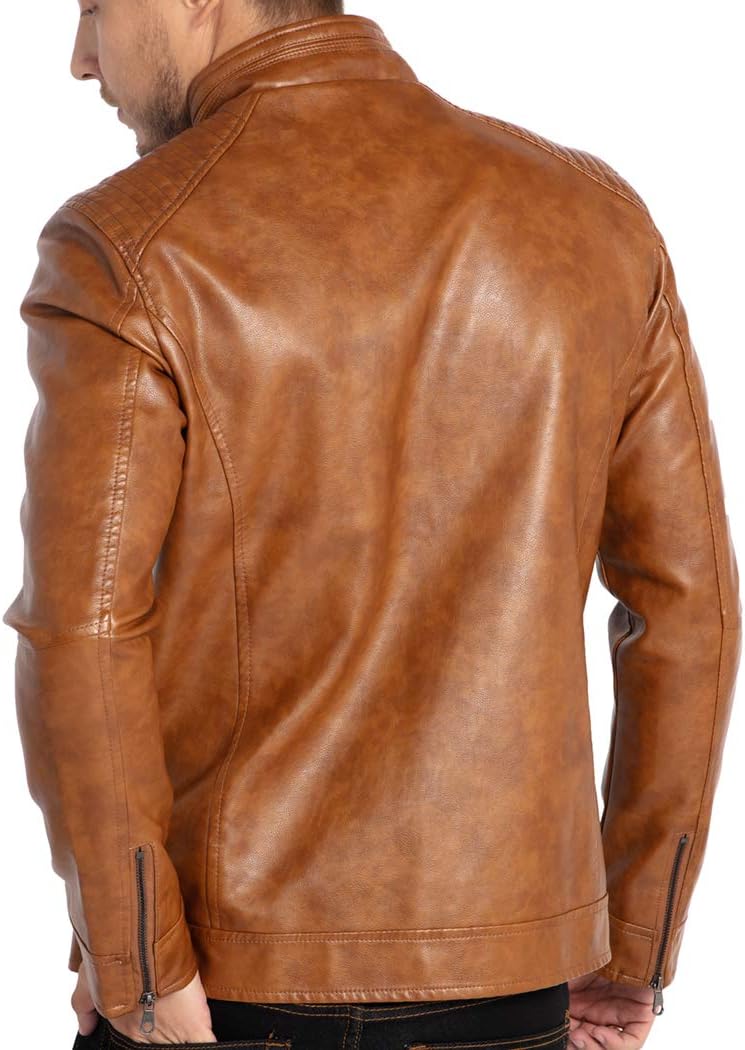 Men's brown stand-collar leather motorcycle jacket, back view with stitched seams
