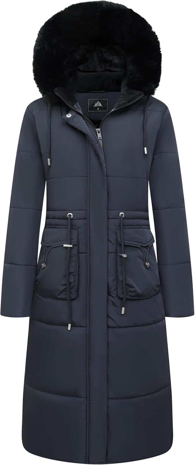 Navy long puffer coat with faux-fur hood, zip front, side drawstring pockets