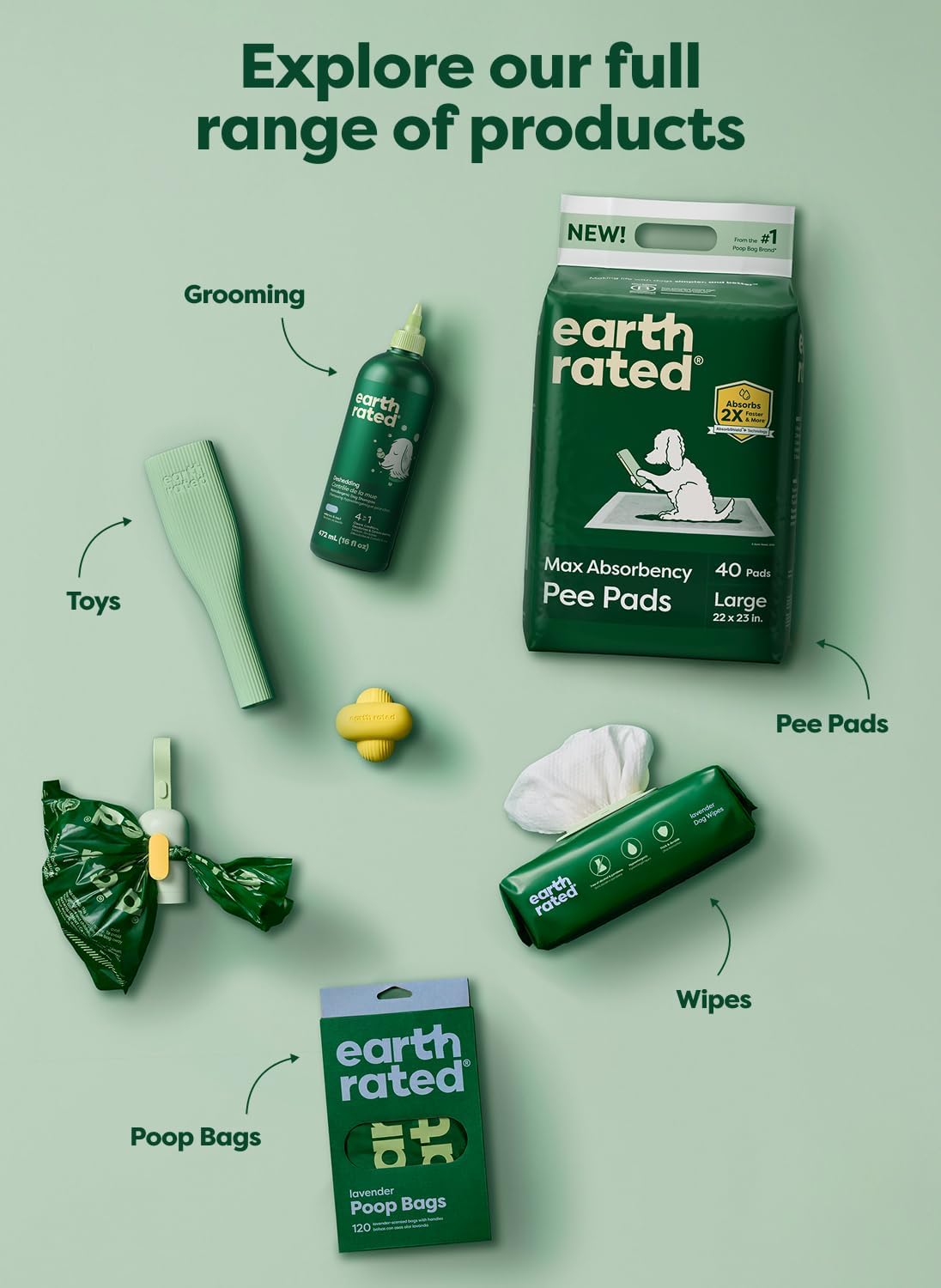Earth Rated pee pads pack with folded pad, green packaging