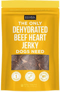 Dehydrated beef heart jerky dog treats pouch, yellow front with brand and product text.