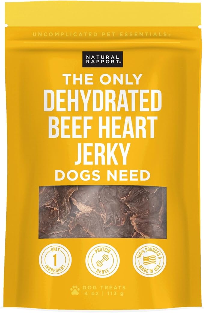 Dehydrated beef heart jerky dog treats pouch, yellow front with brand and product text.