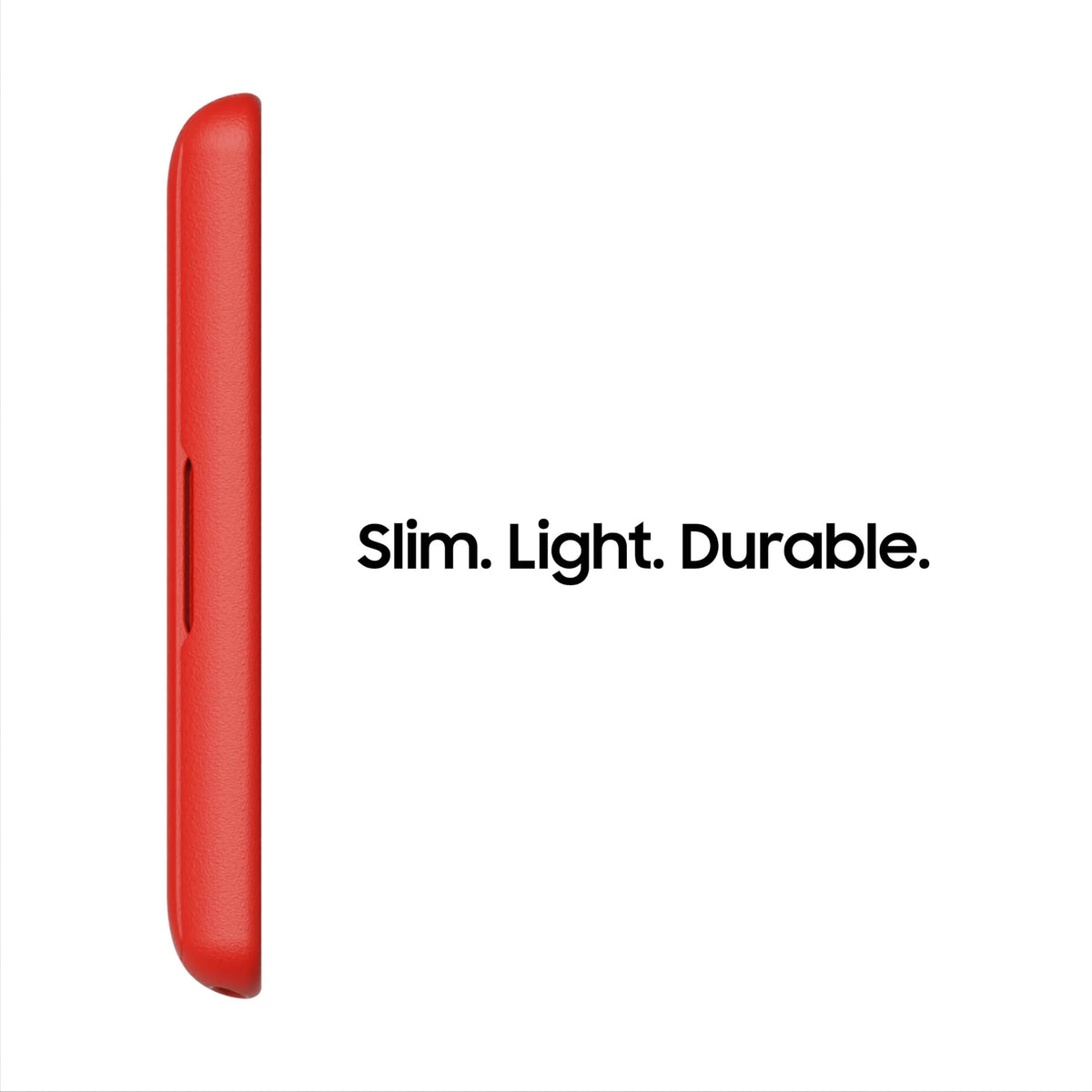 Red kids tablet side view with slim, durable protective case