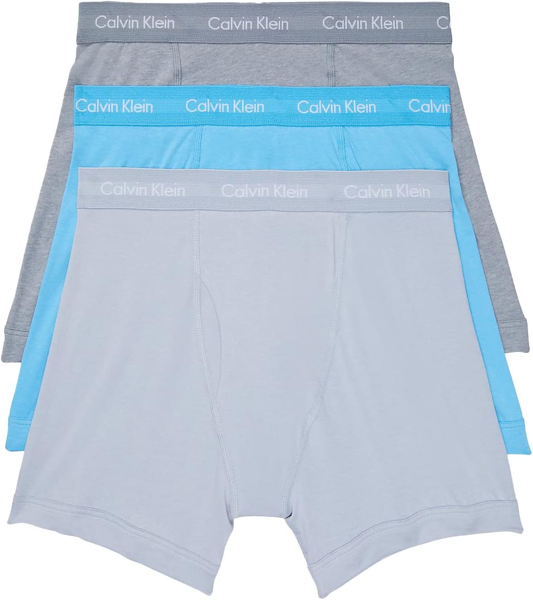 Men's cotton stretch boxer briefs, light blue and heather gray with logo waistbands