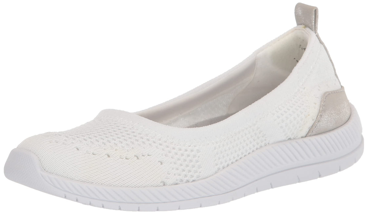 Women's slip-on sneaker with white textured upper, light gray heel patch, and white sole
