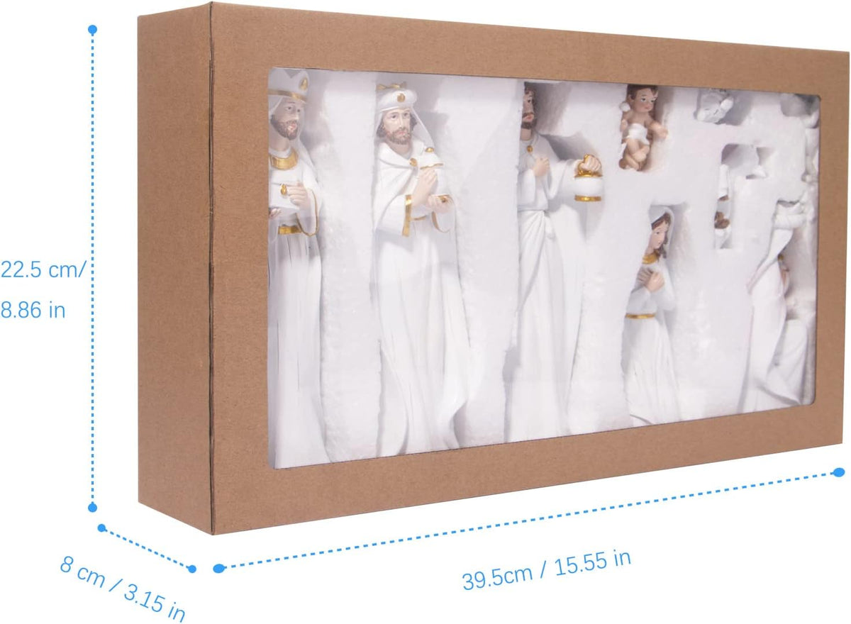 Nativity set gift box with clear window showing white resin figures in robes