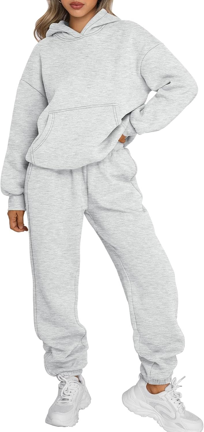 Light gray pullover hoodie with kangaroo pocket and matching jogger sweatpants set