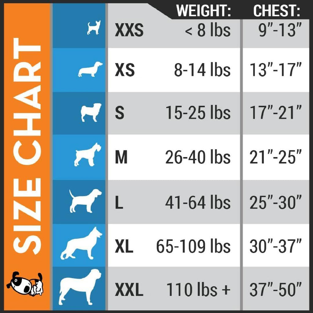 ThunderShirt vest size chart with dog weights and chest measurements