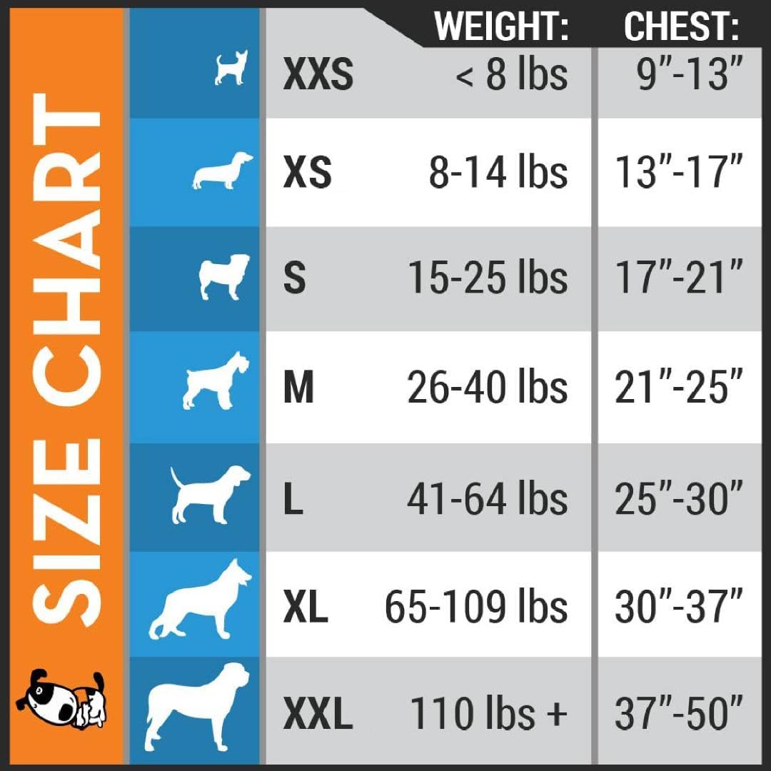 ThunderShirt vest size chart with dog weights and chest measurements
