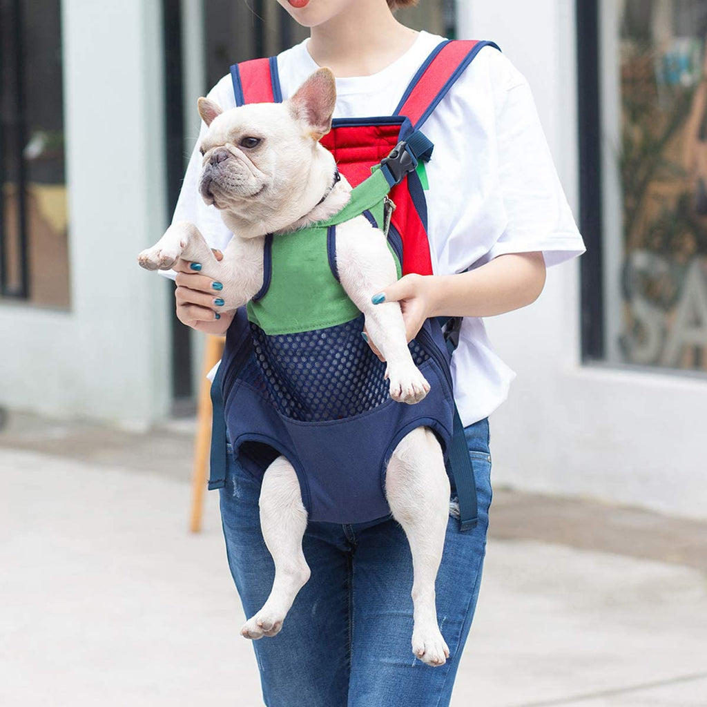 Pet carrier backpack with green and red panels, navy frame, and front mesh pocket
