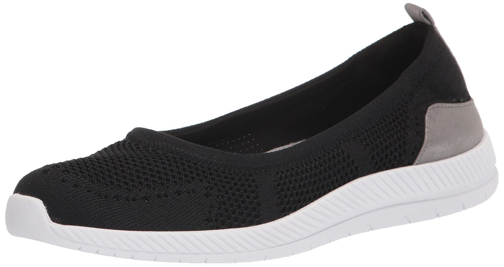 Women's slip-on sneaker with black mesh upper, gray heel patch, and white cushioned sole