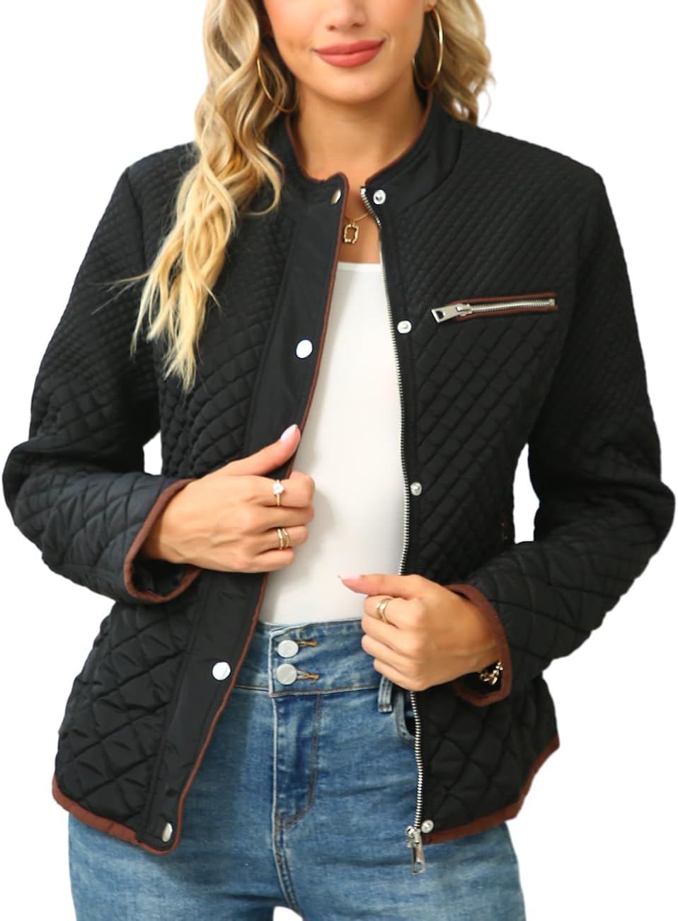 Black quilted puffer jacket with stand collar, zip front, snap chest pocket
