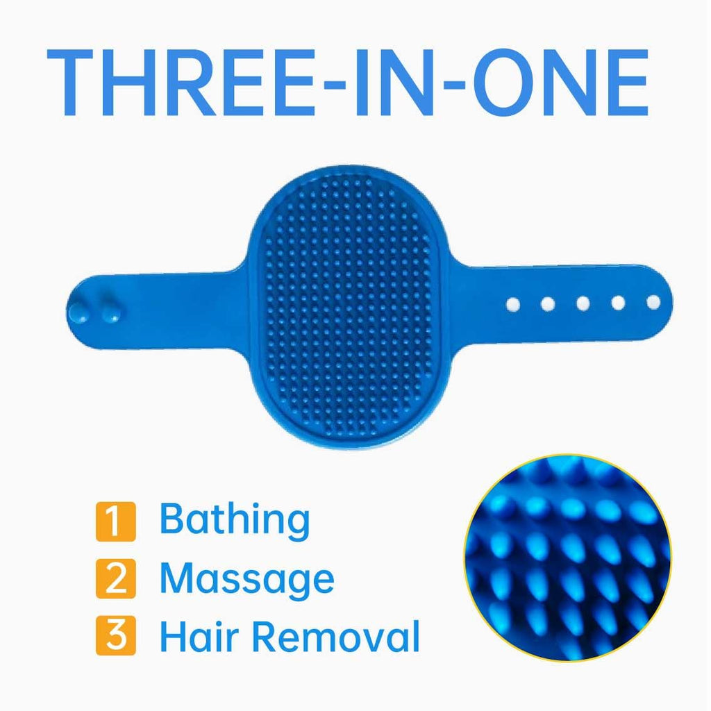 Three-in-one blue pet bath brush with massage bumps and grooming bristle side