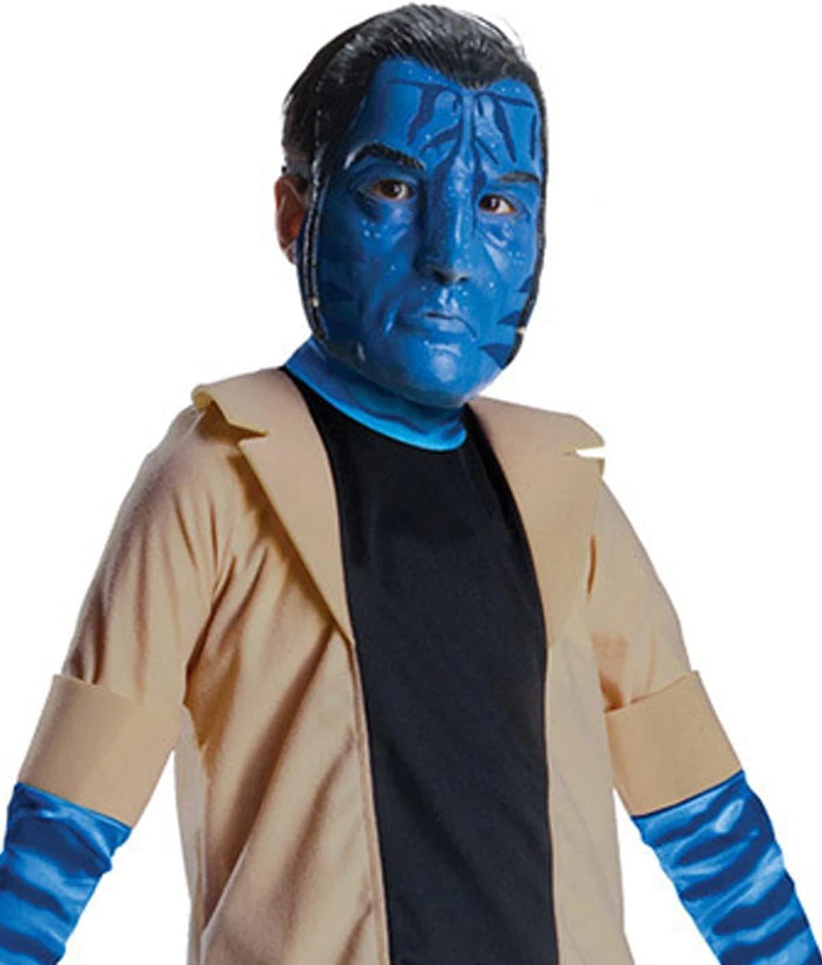 Children's Avatar Jake Sully costume close-up: blue face paint, tan jacket, dark shirt
