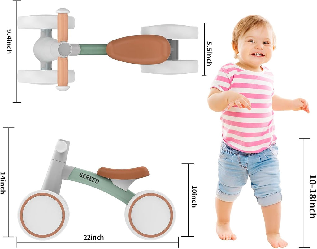 Toddler balance bike with green frame, white frame, orange seat; 4-wheel design