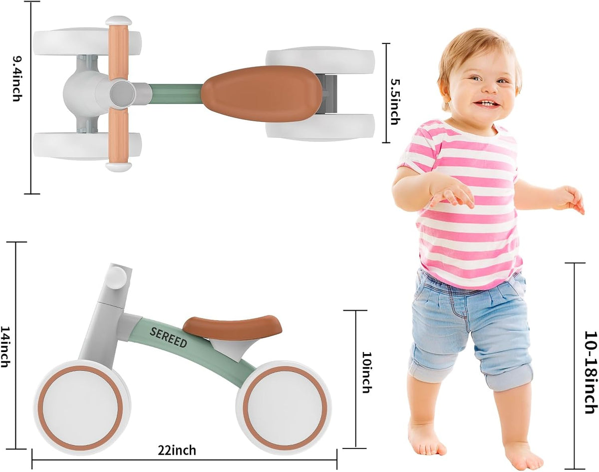 Toddler balance bike with green frame, white frame, orange seat; 4-wheel design