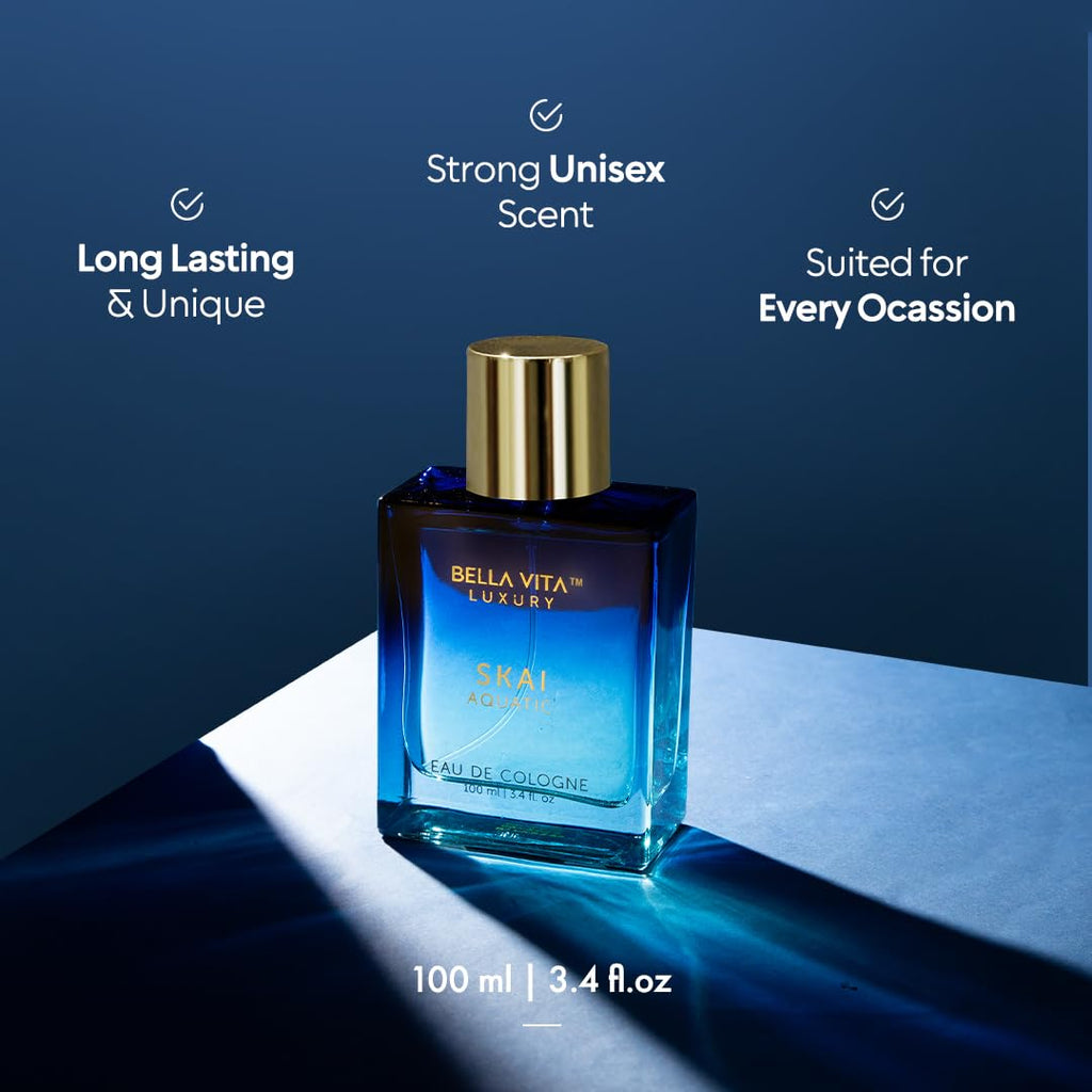 SKAI Aquatic eau de cologne bottle with gold cap on display