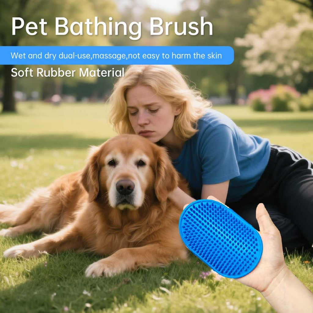 Blue rubber pet brushing pad with massage bumps for bathing and hair removal