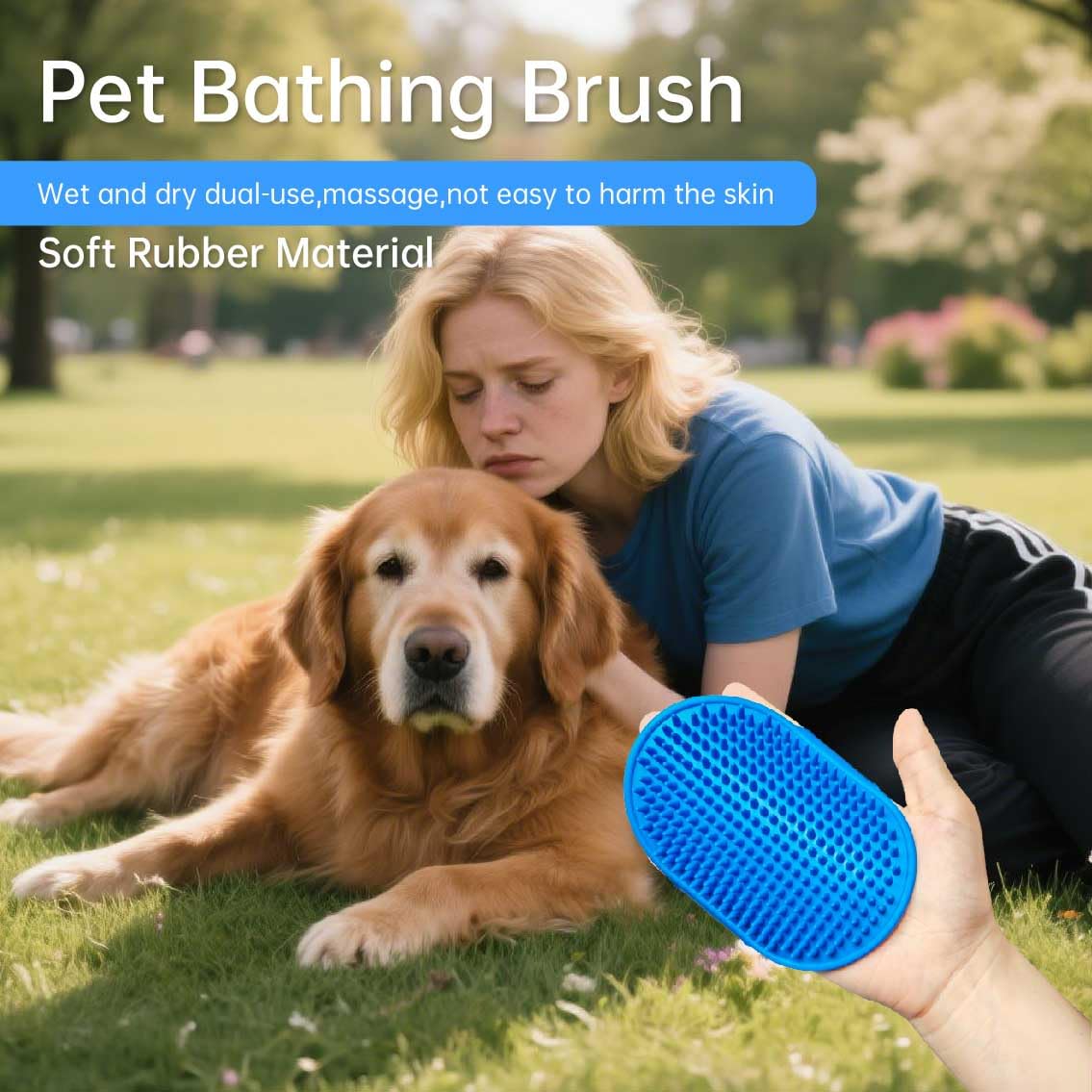 Blue rubber pet brushing pad with massage bumps for bathing and hair removal