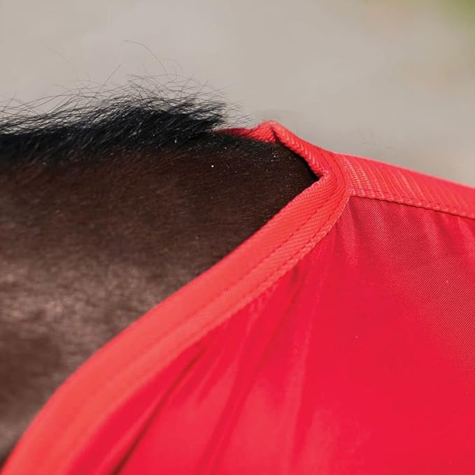 Red horse blanket sheet edge seam close-up