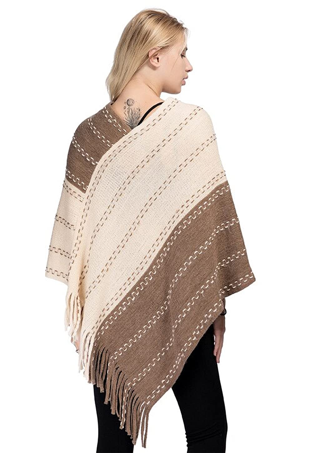 Side view: two-tone knitted poncho with fringe hem and diagonal stripe blocks, khaki