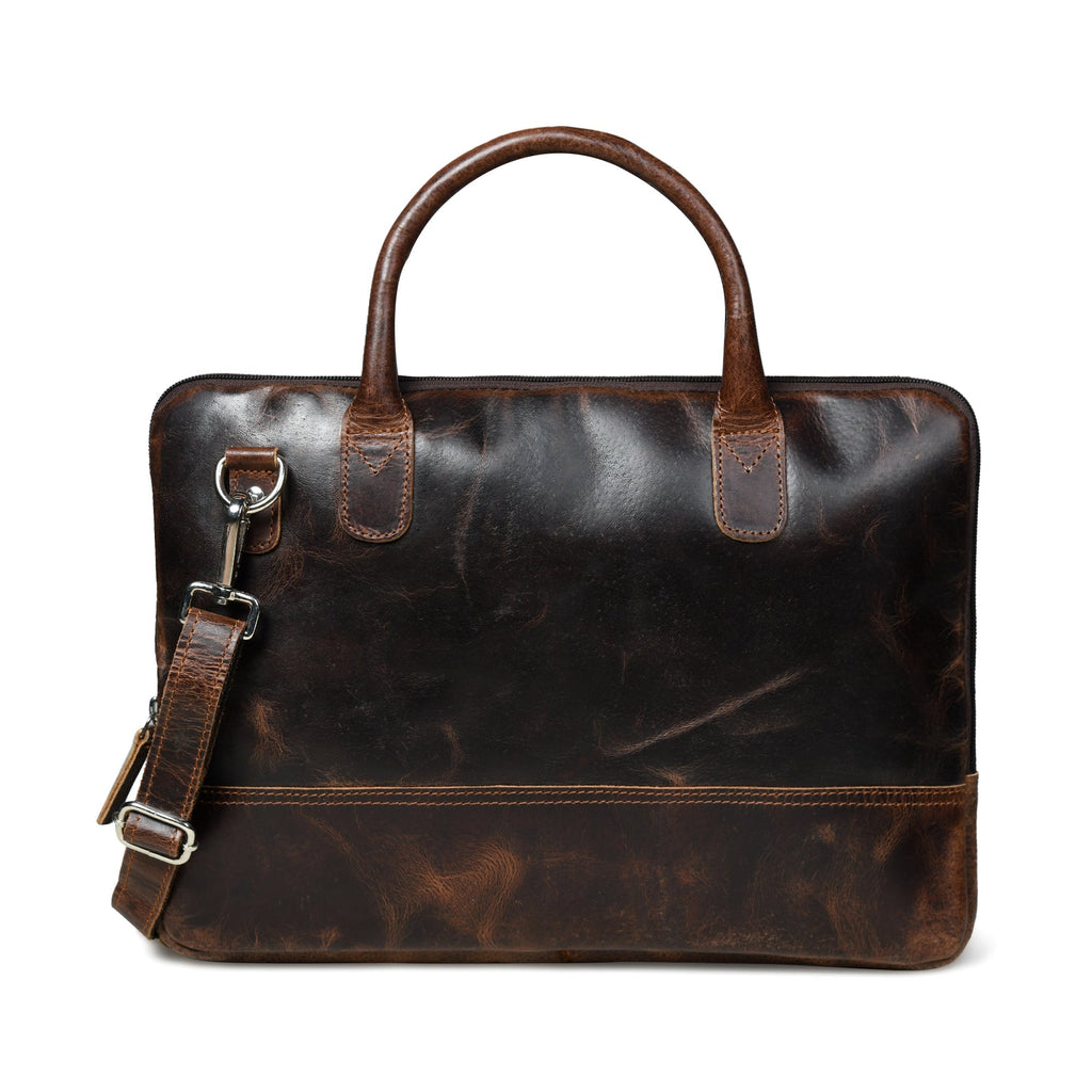 Dark brown leather laptop bag with top handles and adjustable shoulder strap