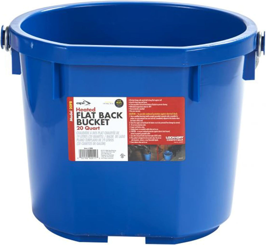 Blue heated flat-back bucket with carry handles and product label