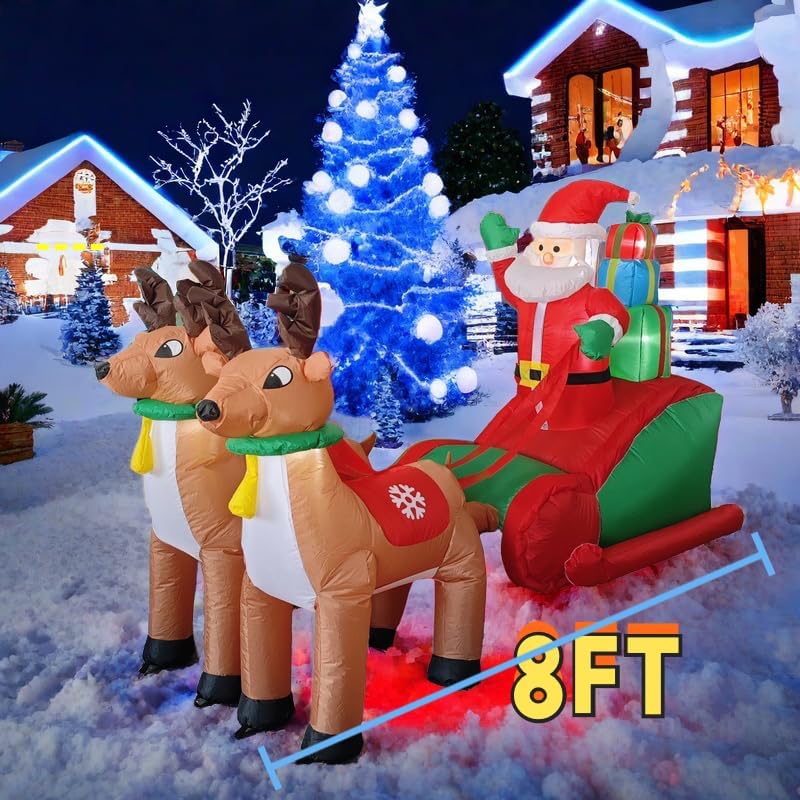 Inflatable Christmas deer pull car with Santa and two reindeer, 8FT size marker
