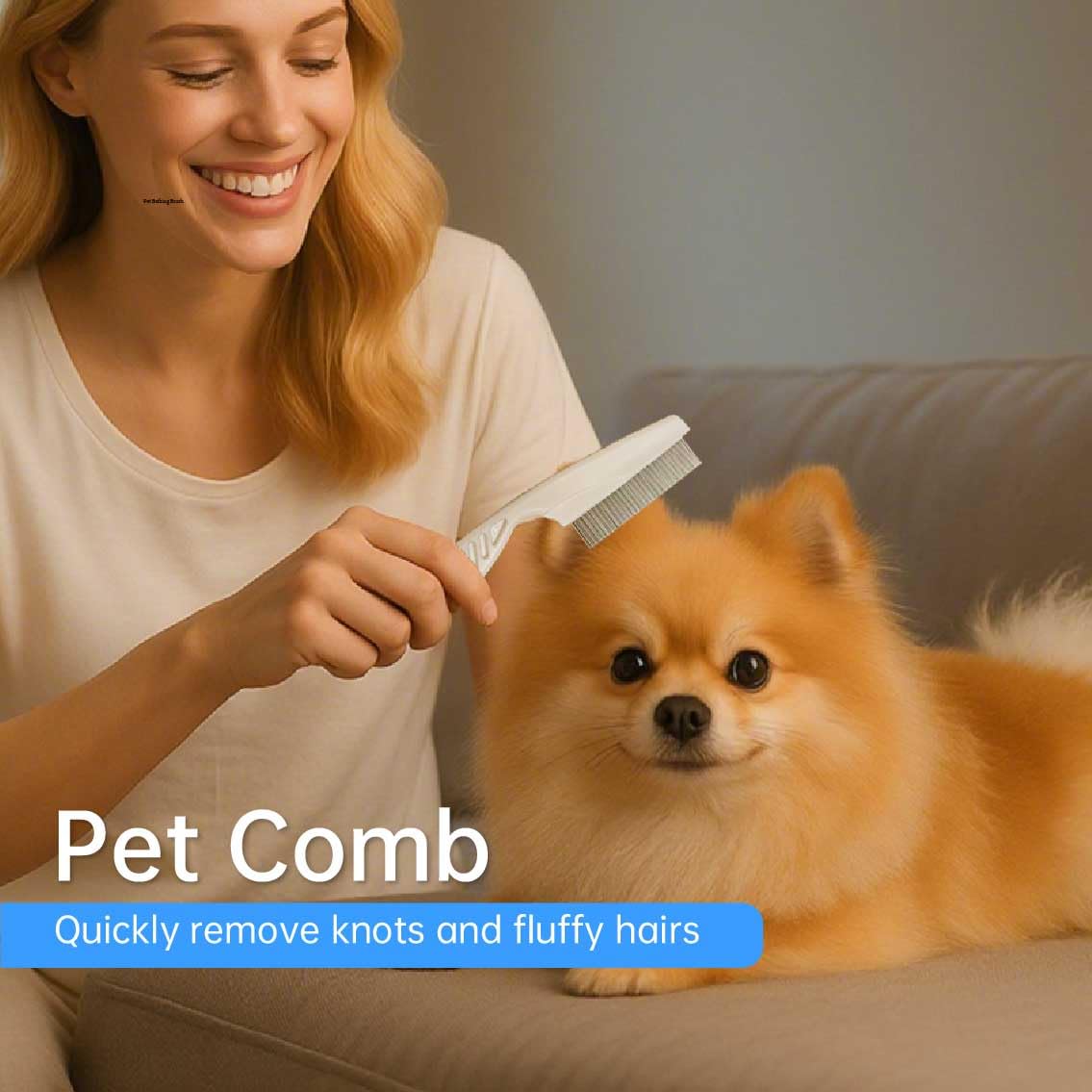 Blue pet grooming comb for removing knots and fluffy hair, held in hand