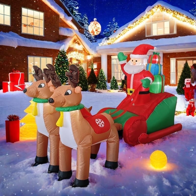 Inflatable Christmas deer pull car decoration: Santa driver with two brown reindeer