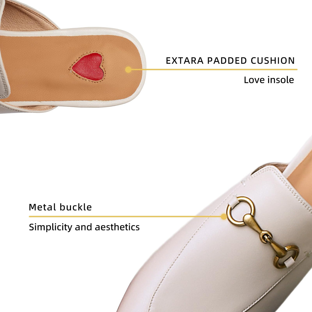 Ivory mule loafer slip-on with gold buckle and padded insole, backless design