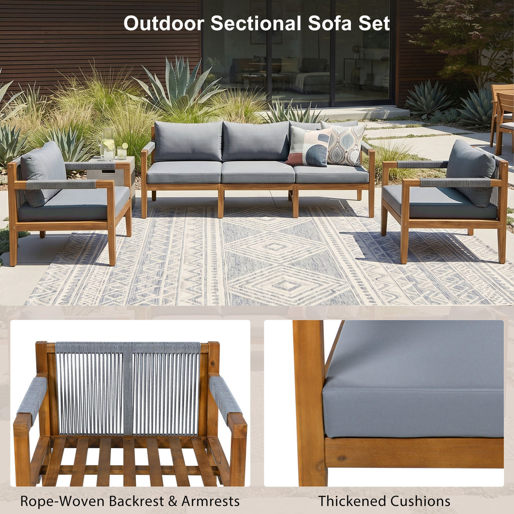 Outdoor sectional sofa set in dark gray with rope backrests and thick cushions