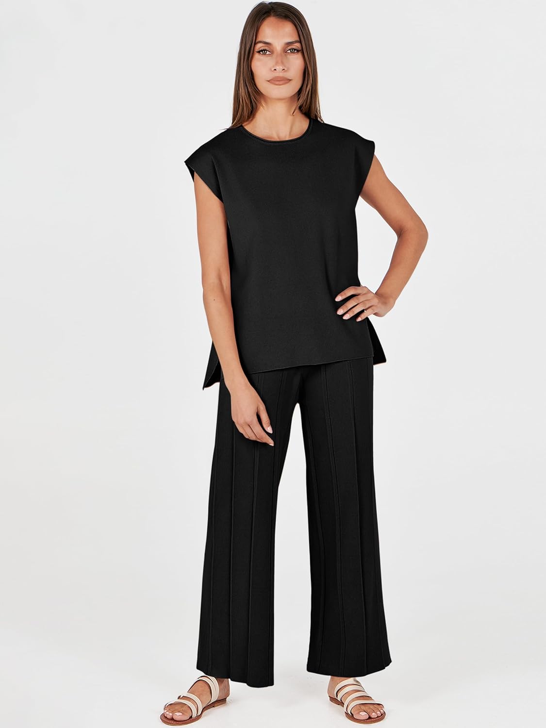 Black sleeveless top and wide-leg pants lounge set on model with sandals