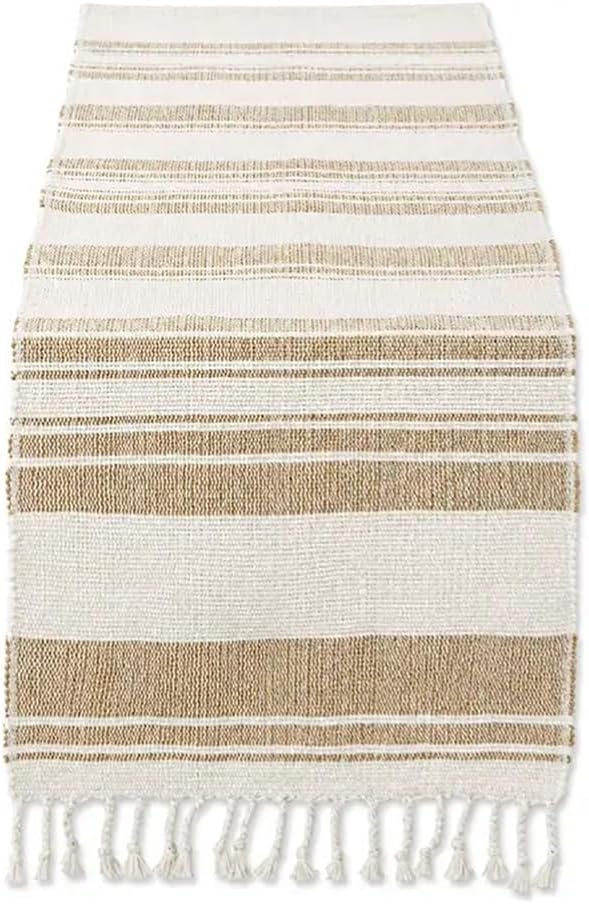 Folded striped table runner, ivory and tan woven bands with short tassel fringe