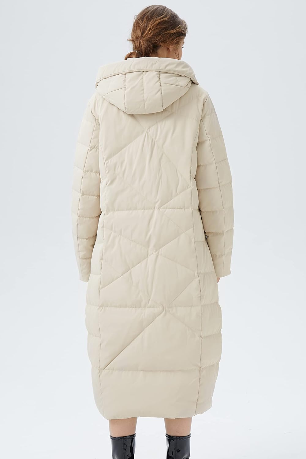 Women’s beige long puffer down coat with hood, back view, quilted insulation