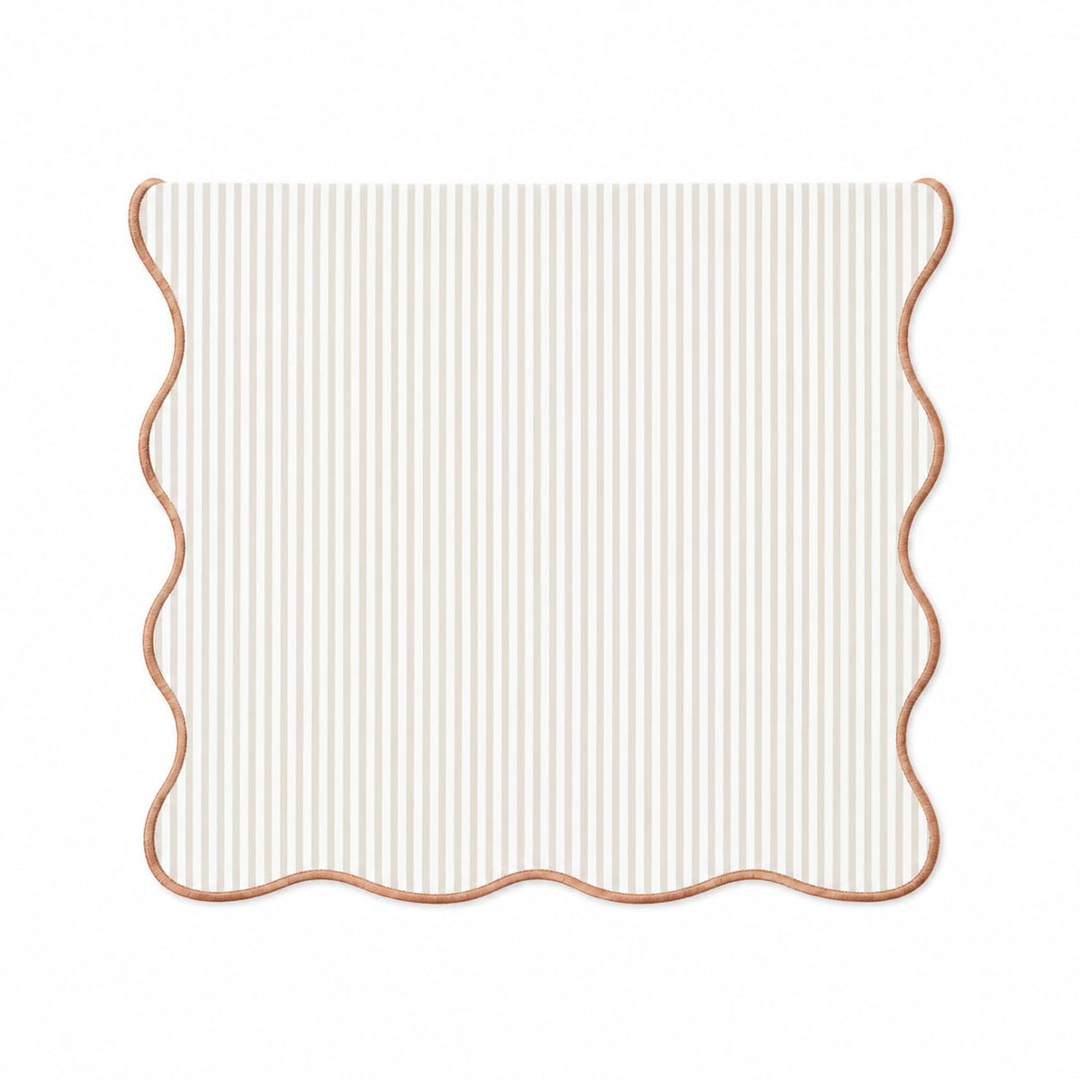 Natural and white striped table runner with scalloped edges, lined